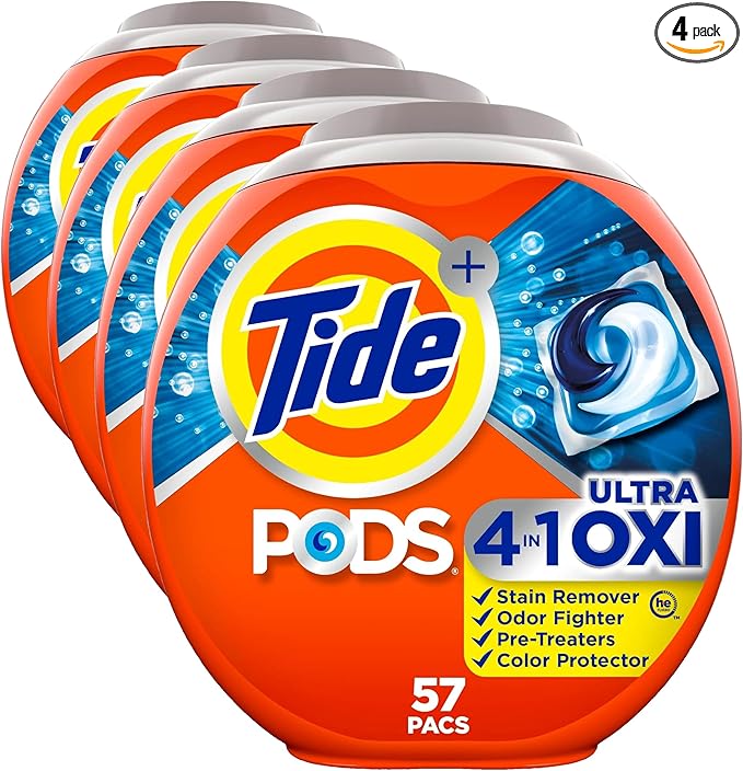 Tide 4-n-1 Ultra Oxi PODS Laundry Detergent Pacs, 57 Count, HE Compatible, Built in Pre-treater for Stains (Pack of 4)
