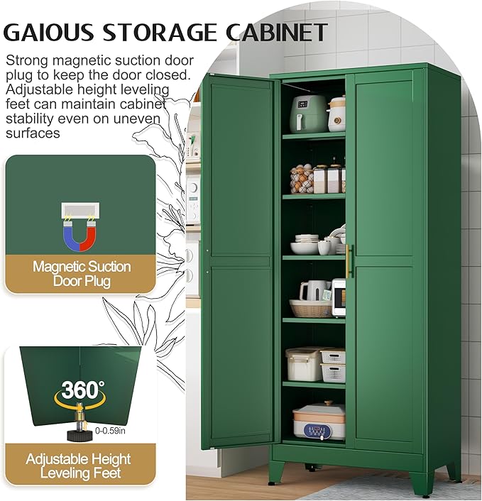 GAIOUS 75.2" Tall Kitchen Food Pantry, Pantry Cabinet with 2 Door and 5 Adjustable Shelves, Green Laundry Room Cabinets, Freestanding Pantry for Kitchen, Study Room, Dining Room and Entryway