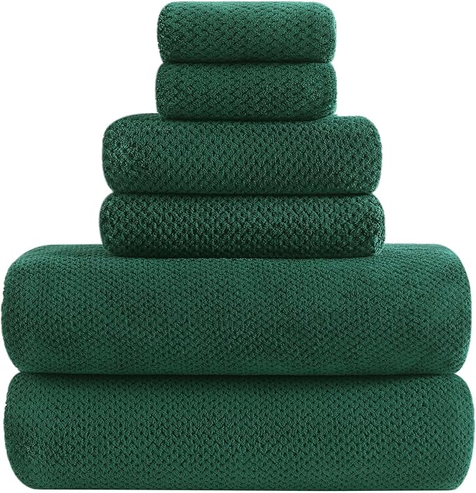 YTYC 29x59 Bath Towels Set,Towels for Bathroom,Dark Green,6-Pieces | 2 Large Bath towels,2 Hand towels (14x29"),2 Washcloth (13x13"),Super Soft,Highly absorbent,Hanging Loop,80%Polyester