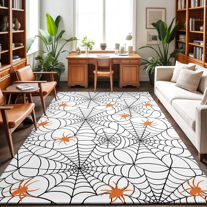 Area Rug 3'x5', Halloween Washable Large Area Rugs for Kitchen Bedroom Laundry Bathroom Office, Black Net Classic Spiders Gingham Orange Non Slip Door Mat Indoor Entryway Floor Accent Throw Carpet