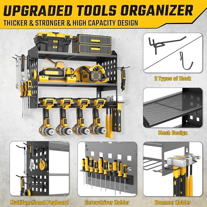 SUNALLY Power Tool Organizer, Heavy Duty Wall Mount Tool Organizer 3 Layers with 4 Drill Holders, Garage Tools Storage Rack with 2 Side Pegboards and Hooks for Workshop, Shed, Black