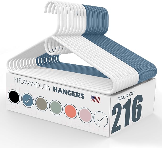 Heavy Duty Clothes Hangers 100+ Pack (216 Count) – Made in the USA – 8lb Capacity Plastic Hangers for Adult Clothing – Durable for Pants, Coats, Jackets, or Jeans – White & Blue