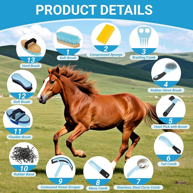 Horse Grooming Kit, 14-in-1 Professional Horse Brush Supplies Set for Grooming & Care, with Horse Brushes, Curry Comb, Hoof Pick & Waterproof Storage Tote Bag for Shining, Detangling, Massaging(Blue)