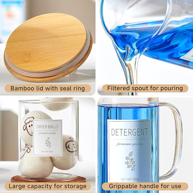 Glass Laundry Detergent Dispenser Set - 2x50oz & 2x70oz Borosilicate Containers with Bamboo Lids, Handle& Labels, Stores Powder,laundry pods,Fabric Softener, for Laundry Room organization and Decor