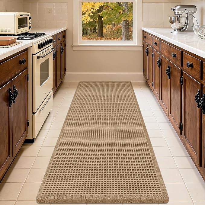 IM HOME Waffle Bath Mat Grey & Beige 5'x2', Boho Woven Modern Bath Mat Rugs, Absorbent Non Slip Bathroom Rugs, Soft Washable Bath Rugs with Tassels for Bathroom, Bedroom, Kitchen, Shower, Tub