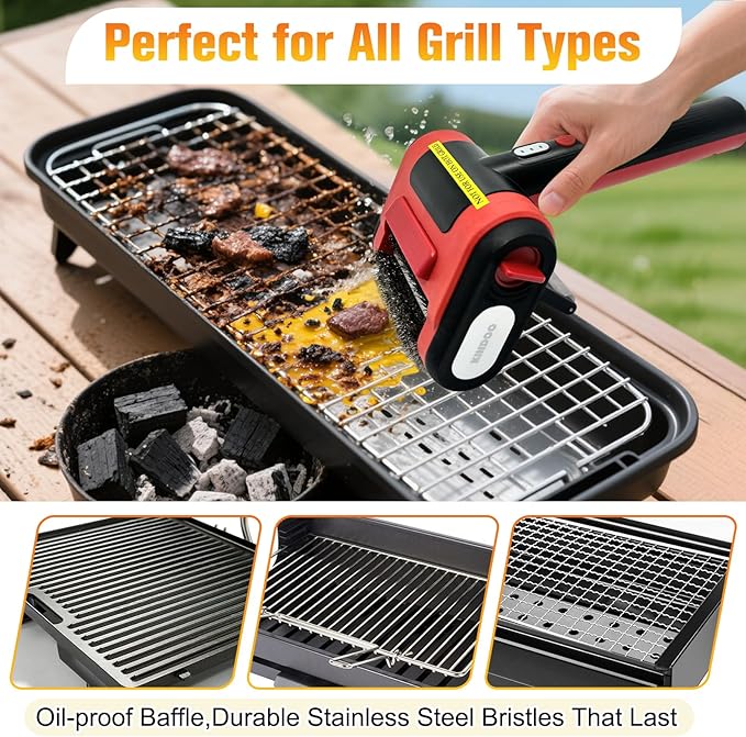 Electric Grill Brush Bristle for Outdoor Grill, Grill Cleaning Brush Rechargeable BBQ Cleaner Brush Head,Safe Grill Brush with Scraper for Cast Iron Stainless-Steel Grates,Red