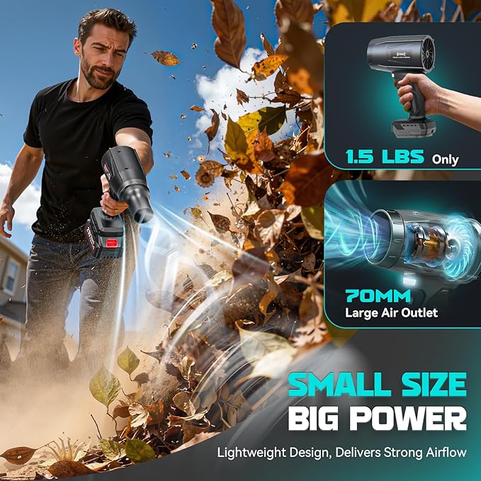 DIYtoolifz Cordless Leaf Blower with 2x4.0Ah Batteries, 800,000 RPM Brushless Motor, Adjustable Speed, Lightweight Portable Electric Blower for Car, Patio, Garden & Indoor Cleaning, 3 Nozzles Included