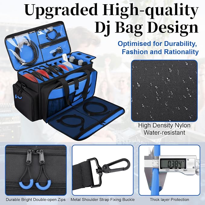 Large Dj Cable Bag with Laptop and Microphone Pocket, Dj Bag for Equipment and Music Accessories with Detachable Dividers, Bottom Pad, Dj Gig Bags for Musicians, Professional, Travel, Blue