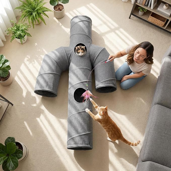 Ownpets Cat Tunnel Sturdy Oxford Fabric Cat Tunnel Toy, Cactus Shape Collapsible Cat Tunnels for Indoor Cats,Interactive Peek Hole Pet Tunnel Tube with Cat Wand Toy