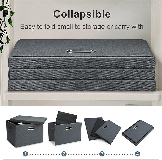 Graciadeco Large 17" 36 Quart Collapsible Stackable Storage Bins with Lids, 3 Packs Dark Gray Foldable Fabric Closet Storage Boxes with Lids, Heavy-duty Linen Cube Baskets(17x12x11)