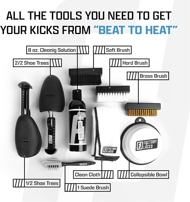 FACTORY LACED Shoe Cleaning Kit – Complete Sneaker Cleaner with 4 Brushes, 8oz Solution, Shoe Trees & Microfiber Towel – Works on Leather, Suede, Canvas & Mesh