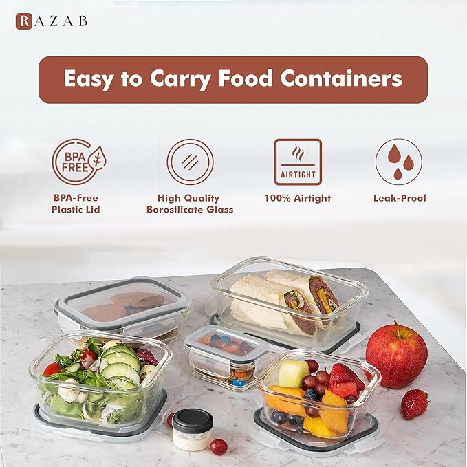 Razab 35 Pc Set Glass Food Storage Containers with Lids - Meal Prep Airtight Bento Boxes BPA-Free 100% Leak Proof (15 lids,15 glass & 5 Plastic Sauce/Dip Containers)