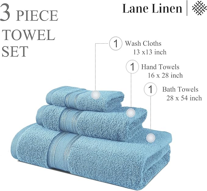 LANE LINEN Bath Towel Set Soft Absorbent Quick Dry 100% Cotton - Blue | Cotton Bath Towel Set - Long-Lasting Comfort, Hotel-Style Look, Gets Softer With Every Wash, Machine Washable, Densely Woven