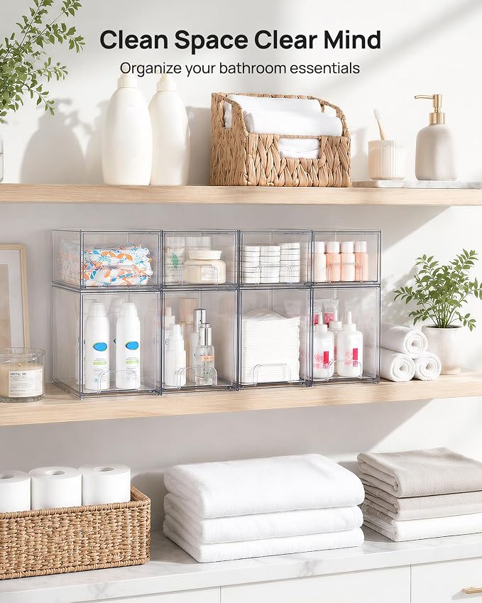 Vtopmart Stackable Storage Drawers Set of 8, Clear Plastic Organizer Bins for Baby Bottle, Beauty Supplies Storage, Ideal for Kichen Countertop, Vanity, Bathroom, Cabinet, Pantry Organization