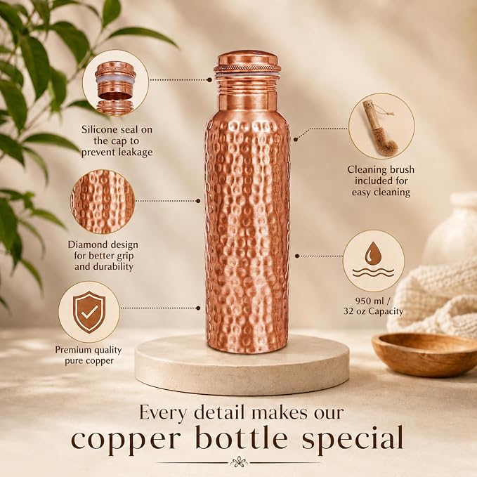 Copper Water Bottle, Ayurvedic Pure Copper Bottle For Drinking - Drink More Water, Lower Your Sugar Intake And Enjoy The health Benefits Immediately - 32 OZ 1Cleaning Brush +3 hammered Bottle