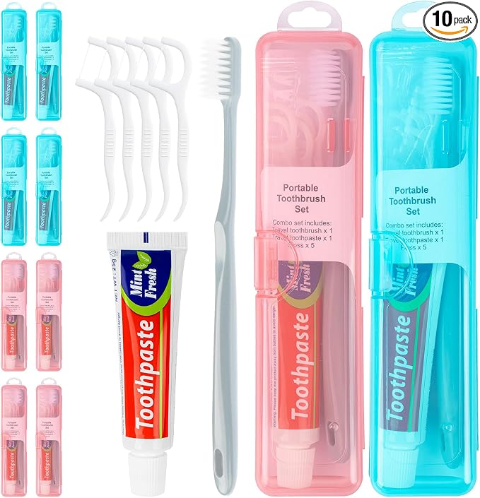 Travel Toothbrush Kit Includes Travel-Sized Toothbrushes, 25g Travel Toothpaste, 5 Floss Picks, a Travel Toothbrush Holder, Ideal for Home, Hotels (Blue, Pink, 10-Pack)
