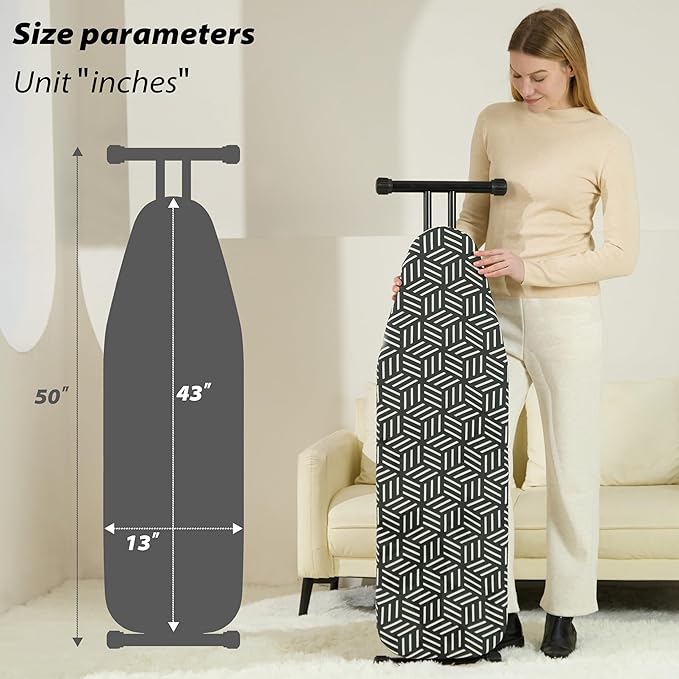caius Ironing Board 43''x13'', 7 Adjustable Heights, Saves Space | Anti-skid feet for stability · Ultra-thick pure cotton cover · Fast wrinkle-free ironing · 28-35" height range