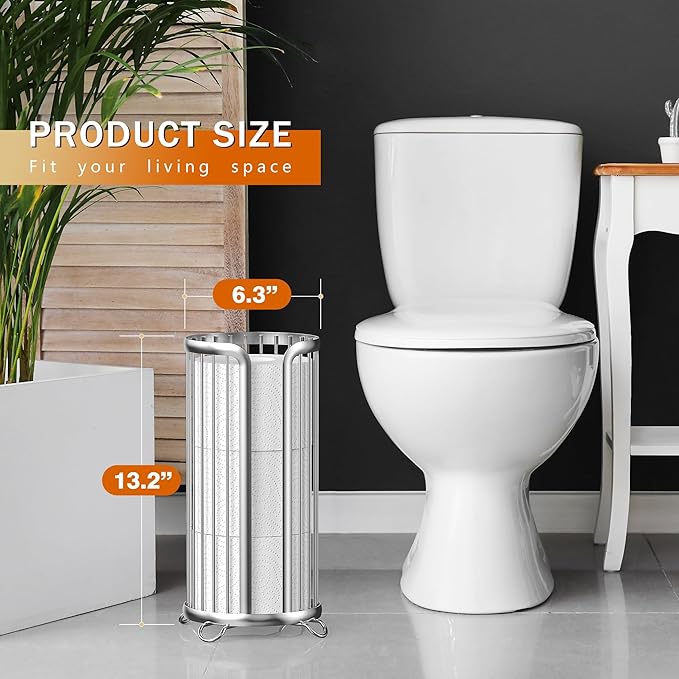 Toilet Paper Holder Stand, Freestanding Toilet Paper Storage,2 Pack,Silver | Waterproof Raised Feet,Rustproof,Fit 3 Mega Rolls,No Drilling No Assemble,Minimalistic Storage,Space-saving Renter Friendly