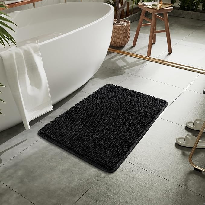 LOCHAS Luxury Bathroom Rug Shaggy Bath Mat 20 x 30 Inch, Black | Washable Non Slip Bath Rugs for Bathroom Shower, Soft Plush Chenille Absorbent Carpets
