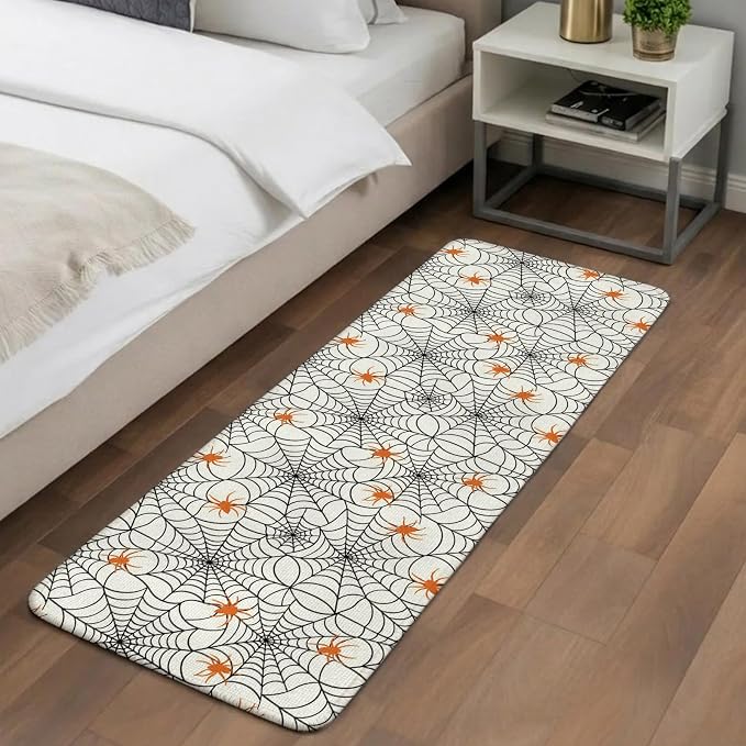 Halloween Bathroom Runner Rugs Non Slip Washable Absorbent Narrow Long Bath Mat Black Net Classic Spiders Gingham Orange Runner Rugs for Kitchen Hallway Bedroom Laundry Study Room 19.7"x63"
