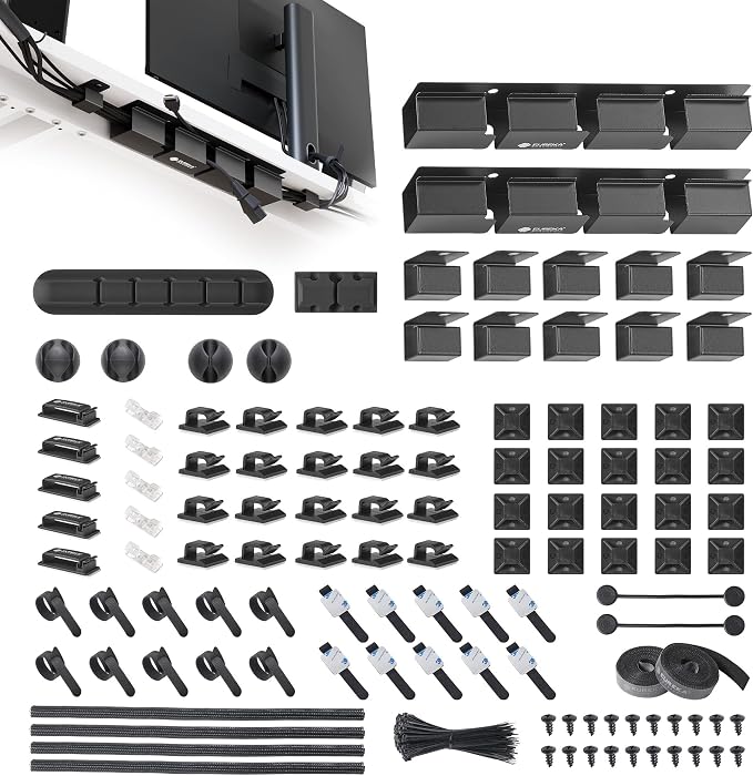 EUREKA ERGONOMIC Metal 316 PCS Cable Management Organizer Kit Cable Raceways, 6 Cable Holder, 4 Cord Sleeve, 60 Wire Clips, 2 Roll Self Adhesive Wire Ties, 100 Zip Ties Under PC Desk, Black
