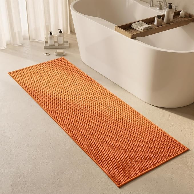 Triohero Bathroom Runner Rugs, Long Bath Mat Runner Washable Thin Quick Dry Low Pile Bathroom Runner Rugs Non Slip, Orange 24"x70"