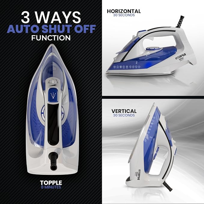 Utopia Home Steam Clothes Iron - 1800W (White Blue) Non-Stick Soleplate | Nonstick Soleplate With Auto-Off Safety Feature - Adjustable Thermostat Control, Variable Steam Control, Self-Clean, 8ft Cord