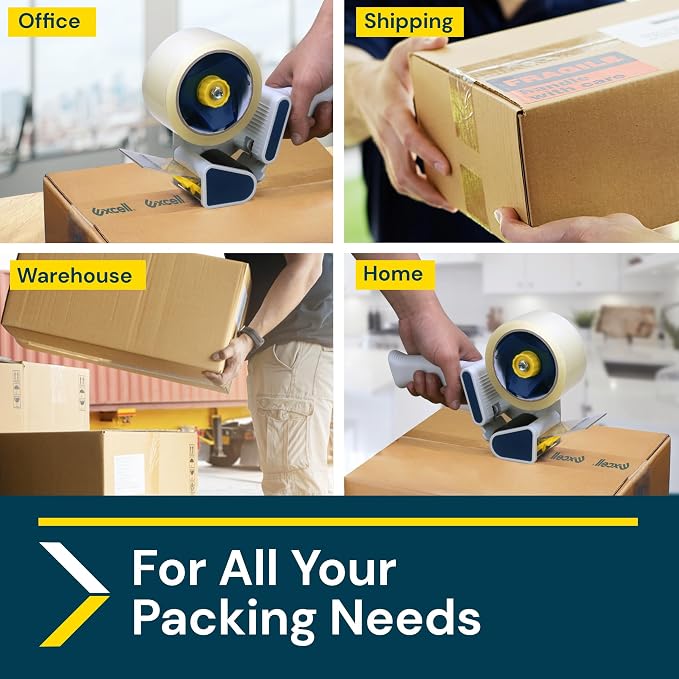 Excell EC-206 Safeguard Packing Tape Dispenser, 2" Wide, 3" Core, 2 Pack | Retractable Blade Cover for Safety, one-Hand use. Ideal for Shipping and Carton Sealing - Includes Tape Roll