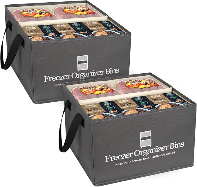 Flenpptly Freezer Organizer Bins, 2 Pack Freezer Storage Bins, Dark Grey | 15"x14"x9" Collapsible Deep Freezer Organizer Bins with Removable Dividers, Handles
