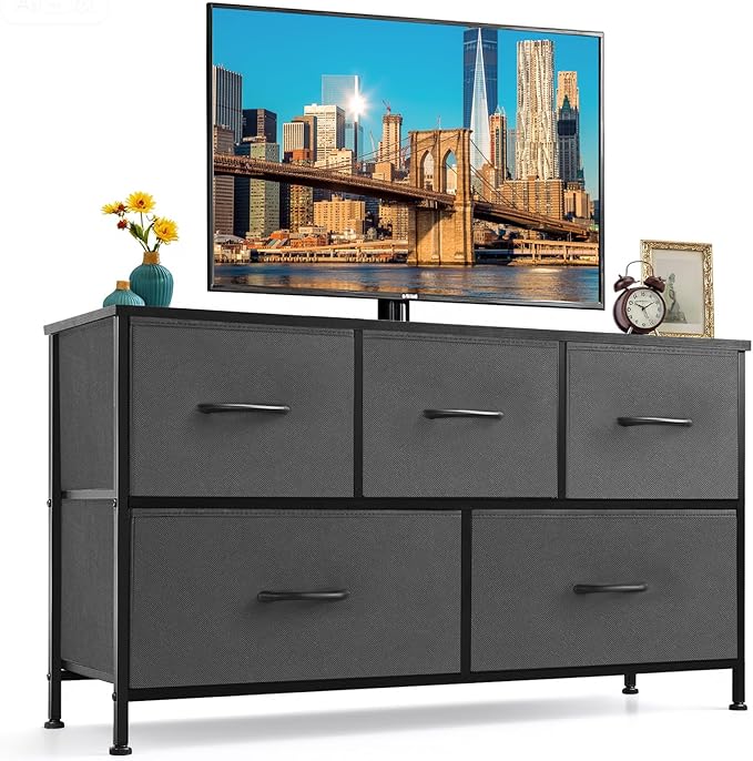 5-Drawer Dresser for Bedroom, Anti-Tip Wide Storage Organizer Fabric Chest of Drawers TV Stand for 45" TV with Wooden Top and Metal Frame for Closet, Living Room, Hallway, Entryway, Gray