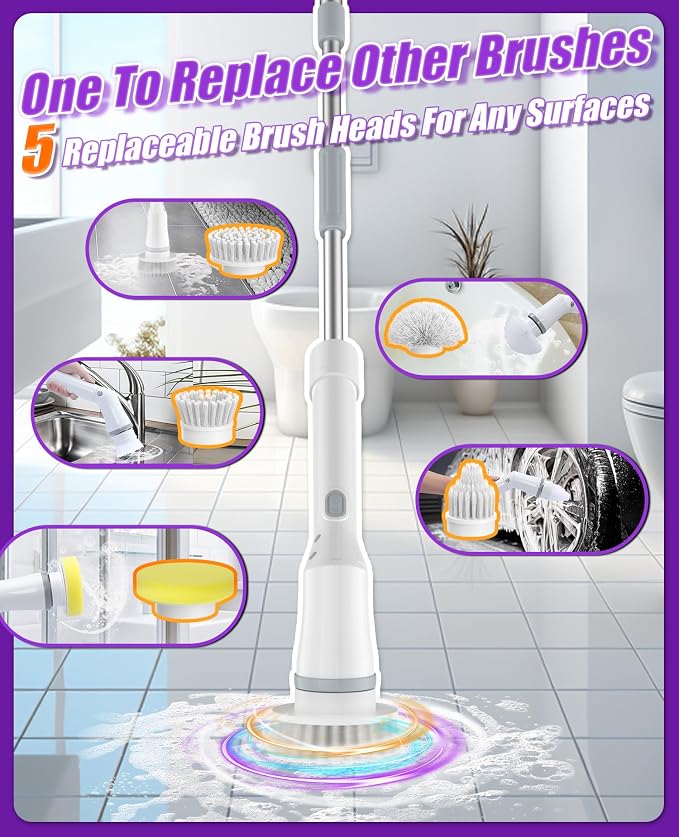 5-Head Electric Spin Scrubber, Shower Brush, Extension Handle | cordless power scrubber, adjustable reach, two speed control, IPX7 waterproof, bathroom floor, tile grout, tub edges, shower