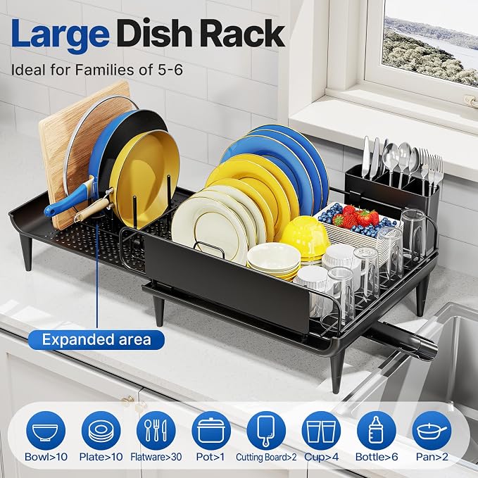 Urackify Expandable Dish Drying Rack with Drainboard for Kitchen Counter | Expands from 16.9 to 26.6 inches to fit more dishes, plates with fast drainage and flexible placement for any sink