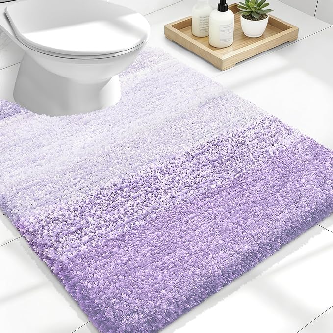 OLANLY Luxury Toilet Rugs U-Shaped 24x20, Extra Soft and Absorbent Microfiber Bathroom Rugs, Non-Slip Plush Shaggy Bath Mat, Machine Wash Dry, Contour Bathroom Mats for Toilet Base, Light Purple