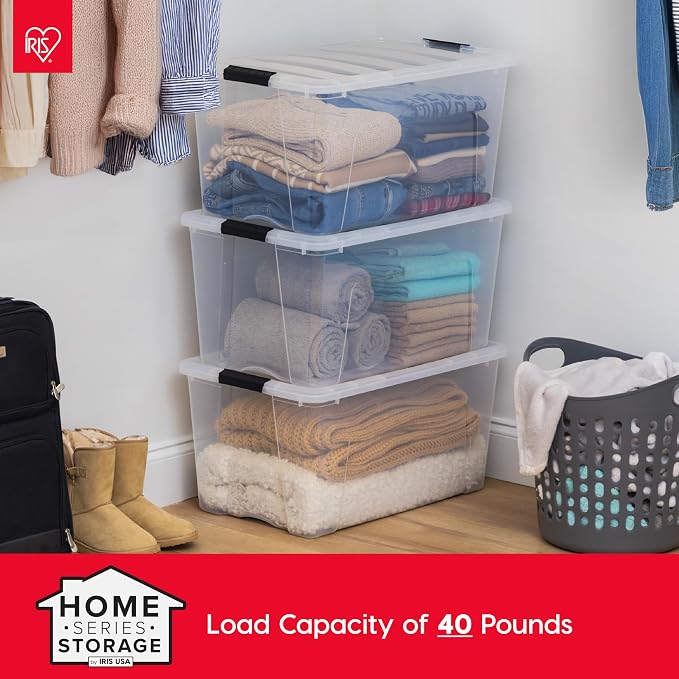 IRIS USA 72 QT Plastic Storage Box with Lid and Latches - 4 Pack - BPA-Free, See-Through Organizing Solution, Durable Nestable Stackable Containers, Secure Pull Handle - Clear