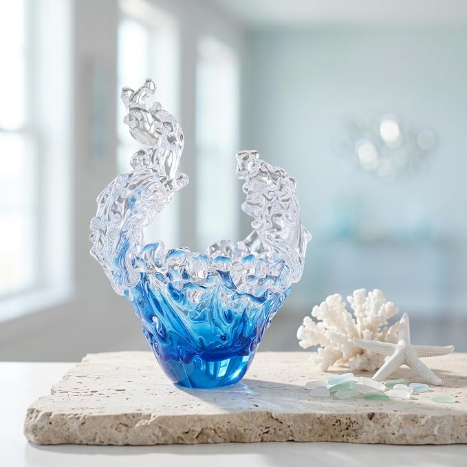 suruim Hand Blown Glass Wave Sculpture Figurines Blue and Clear Art Glass Bowl for Home Decor, Sea Glass Figurine, Nautical Sea Glass Decorations, Multipurpose Storage for Keys, Jewelry, Candy