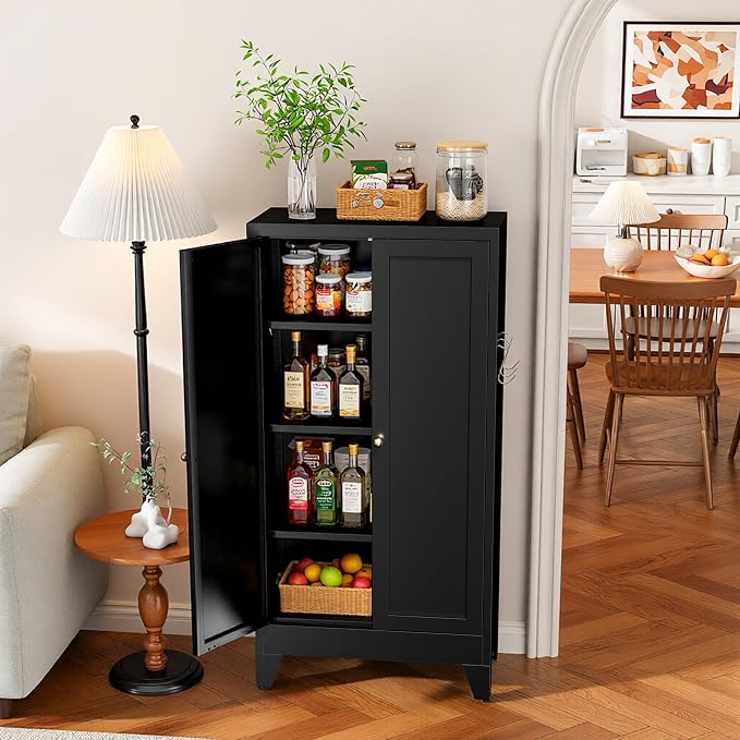 AQY Metal Pantry Cabinet, Black Kitchen Storage Cabinet with Doors | Adjustable Shelves Freestanding Storage Metal Cabinet Kitchen, Dining & Bathroom Organization