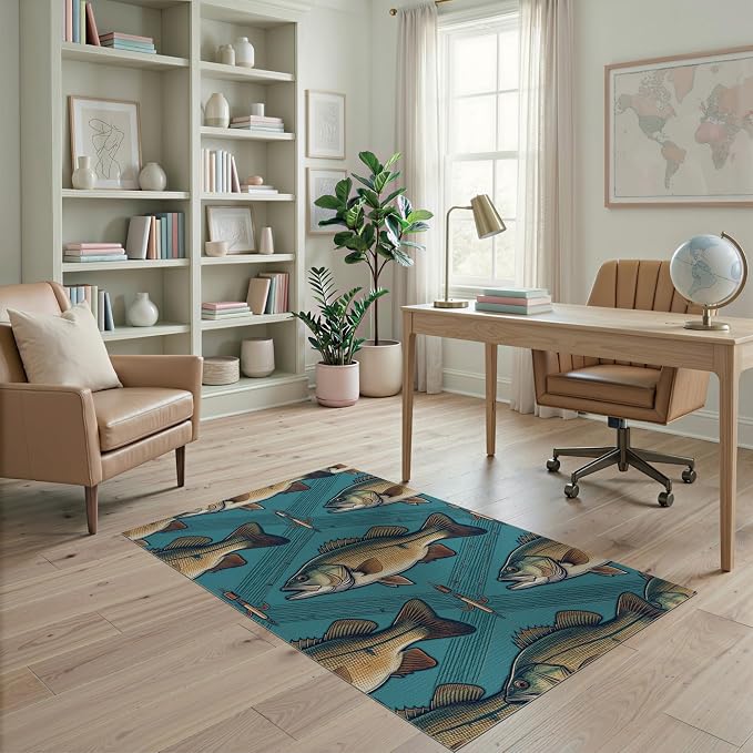 4'x6' Washable Area Rug Bass Trophy Catch Vintage Lure Spotted Tackle Motif Fish Fishing Refined Stain Resistant Low Profile for Dorm Room, Small Living Apartment