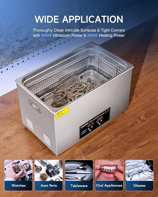 CREWORKS 30L Digital Ultrasonic Cleaning Machine with Heater and Timer, 600W Stainless Steel Ultrasonic Cleaner Machine, 7.9 gal Ultrasonic Parts Cleaner for Retainer Glasses Auto Tool Machine Part