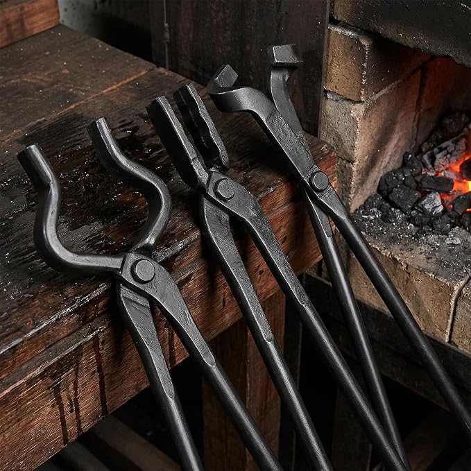 Blacksmith Tongs Set 3 Pcs Flat, Wolf Jaw Bolt, Heavy Duty Forged Steel | Heat Treated Forging Tongs for Knife Making & Bladesmithing,Heavy Duty Steel Gripping Tool for Farriers,Welding,Metal Smith