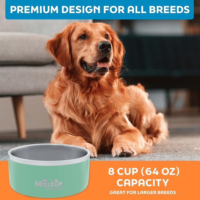 Master Pet Supply Stainless Steel Dog Bowls - 64 oz, Heavy Duty - Pistachio, Double Wall Extra-Thick Insulated, Non-Slip Pet Water Bowl for Dogs, Cats & Pets, Anti Rust Metal, Dish Washer Safe