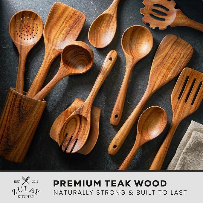 Zulay Kitchen 12-Piece Teak Wooden Utensils for Cooking - Natural Teak Utensil Set with Premium Gift Box - Non-Stick Wooden Spoons for Cooking - Kitchen Gift Set - Comfortable Grip Wooden Utensil Set