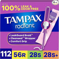 Tampax Radiant Tampons for Women Multipack, with LeakGuard Braid, Regular/Super/Super Plus Absorbency, Unscented, 112 Count (4 Packs of 28), Packaging May Vary
