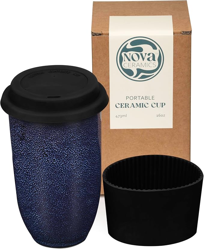 NOVA CERAMICS Coffee Tumbler – Travel Mug - On the Go Coffee Mug – Microwave & Dishwasher Safe Green Coffee Tumbler - Gifts For Women Men Him Her – 16oz – Abyss