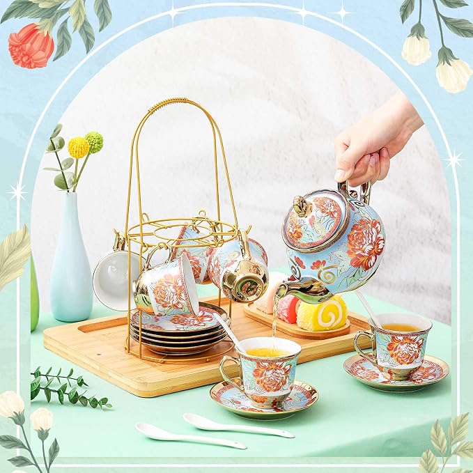Zhehao 20 Pcs Porcelain Tea Set with Metal Holder and Spoon Adult Ceramic Tea Set European Flower Painting Teapot Cup Saucer Spoon for Women Mom Gift, Large Version (Retro Style)
