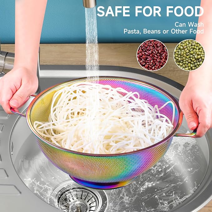 Rainbow Strainer for Kitchen, 5QT, Stainless Steel Colander with Handle for Fruits Vegetables Cooking Food, Dishwasher Safe