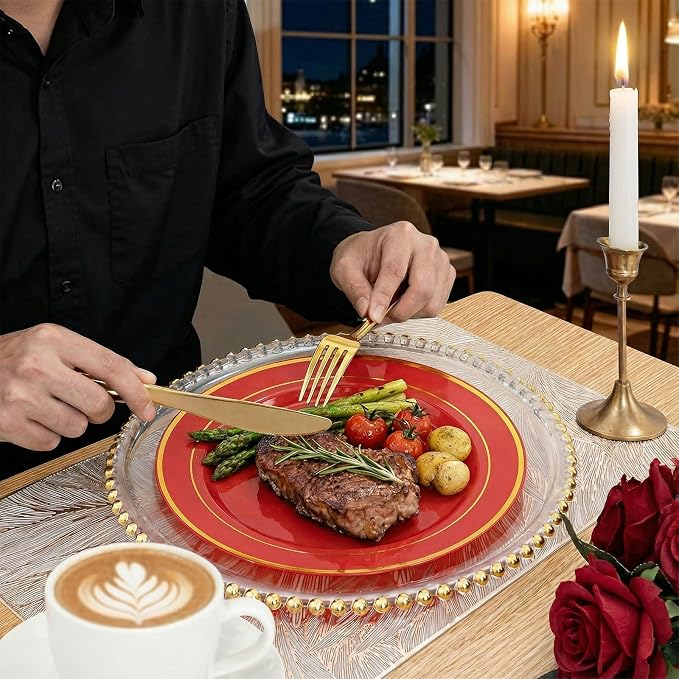 WDF Partyware 350Pieces Red Plastic Plates with Gold Rim Include 50Dinner Plate 10inch 50Dessert Plate 7inch 50 gold Cups 9 OZ, 50 Pre Rolled Napkins for Wedding/Birthday/Christmas/Party