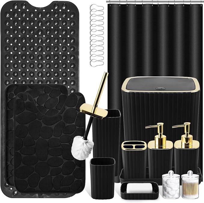 XLHOMO 26PC Bathroom Accessories Set - Gorgeous Black Bathroom Set, Bathroom Accessory Set, Black Shower Curtain Set with Bathtub Mats for Shower Tub