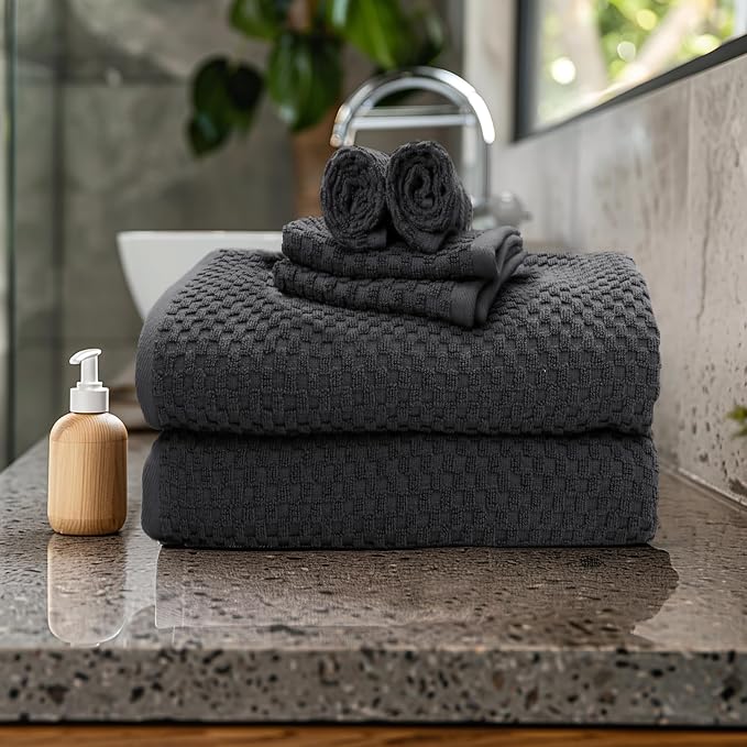 COTTON CRAFT Euro Spa Waffle Weave 6 Piece Towel Set - 100% Cotton - Charcoal