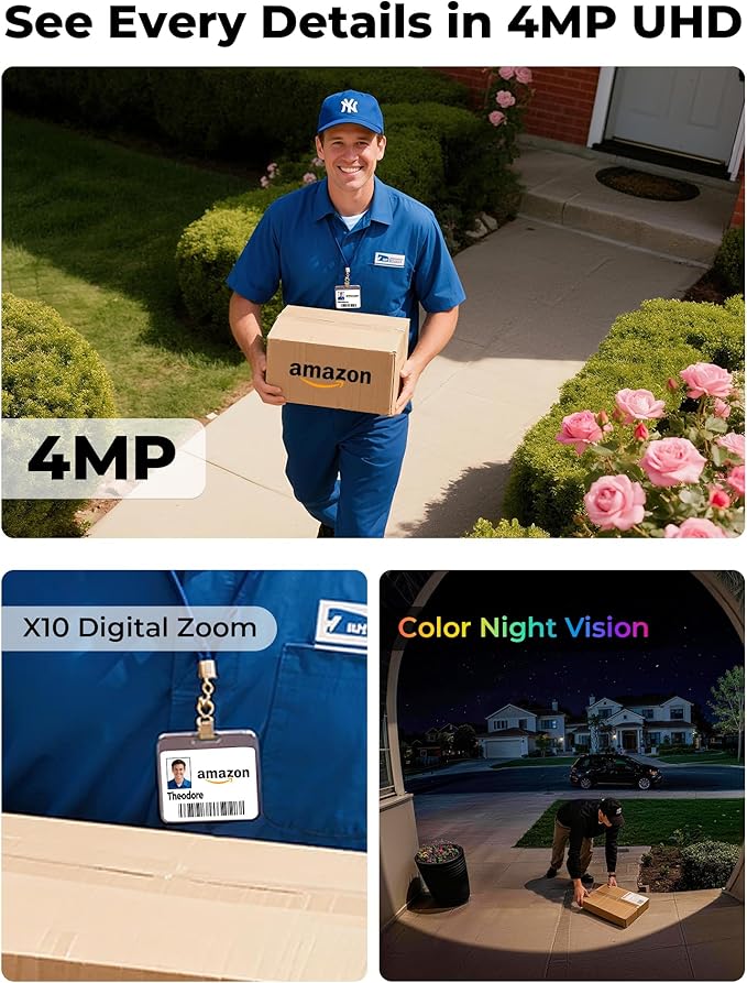 4MP Security Cameras Wireless Outdoor,No Subscription 128GB Local Storage,Solar Powered Cameras For Home Security With 360°PTZ,4 Cam-Kit, Color Night Vision Home Security Camera System,5G & 2.4G,IP66