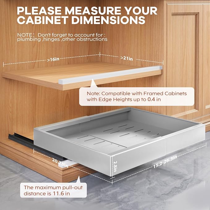 Seinloes 2 Pack Expandable Width (15.15"-26.3") Pull Out Cabinet Organizer 21" Deep with Raising Pad for Framed Cabinets, Upgrade 3 Slide Rails Slide Out Drawers, Roll Out Shelves Adhesive, Silver